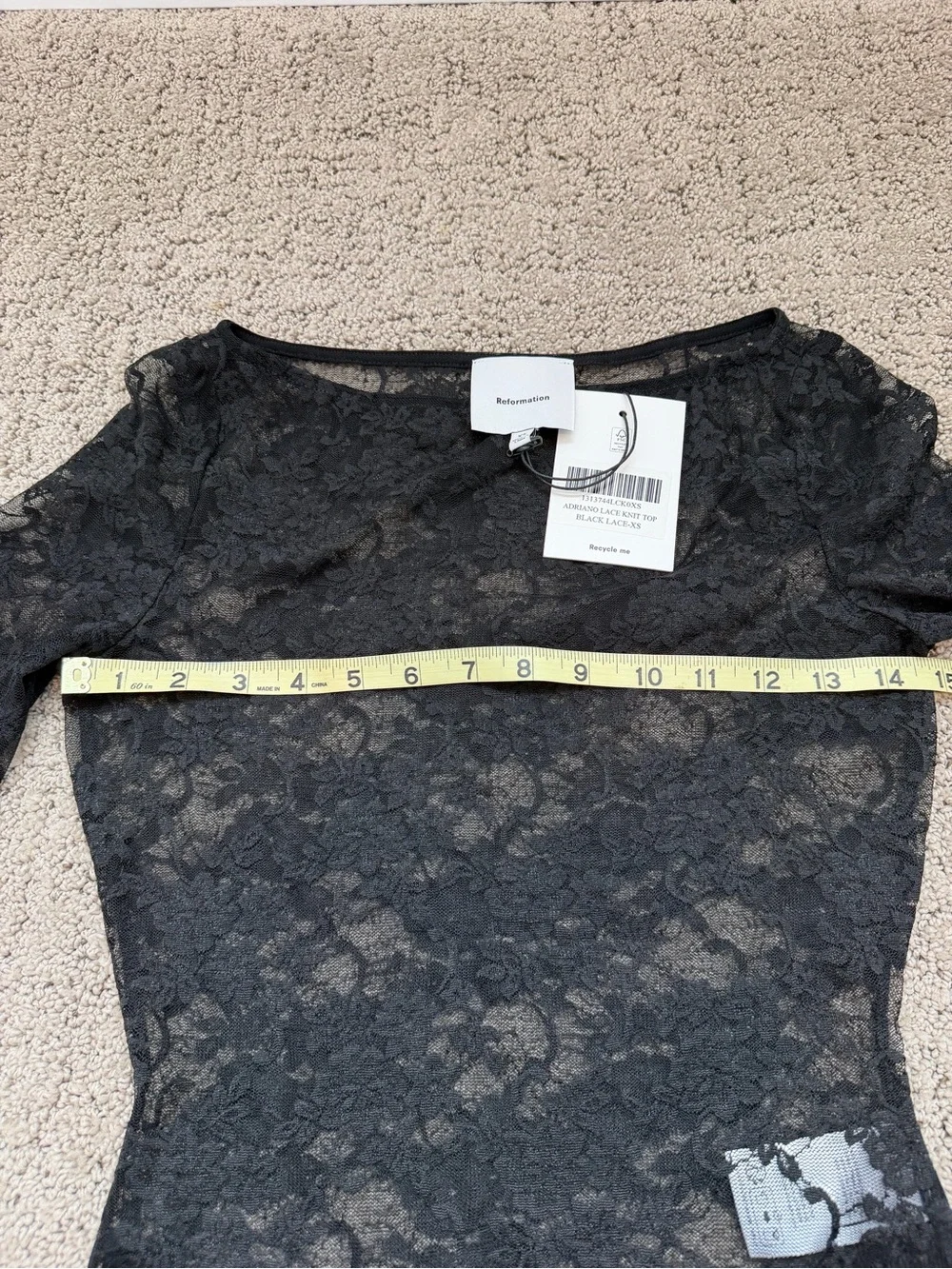 Reformation Adriano Black Lace Long-Sleeve Sheer Top Sz XS